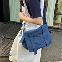 Ins style retro denim bag new large capacity messenger bag multifunctional student shoulder bag Korean style crossbody bag for women