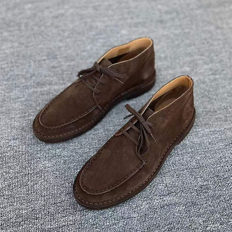 Men's Casual High-Top Leather Shoes Desert Short Boots 007 Same Style Leather Shoes with Stitched Marks Comfortable Martin Boots with Raw Rubber Soles