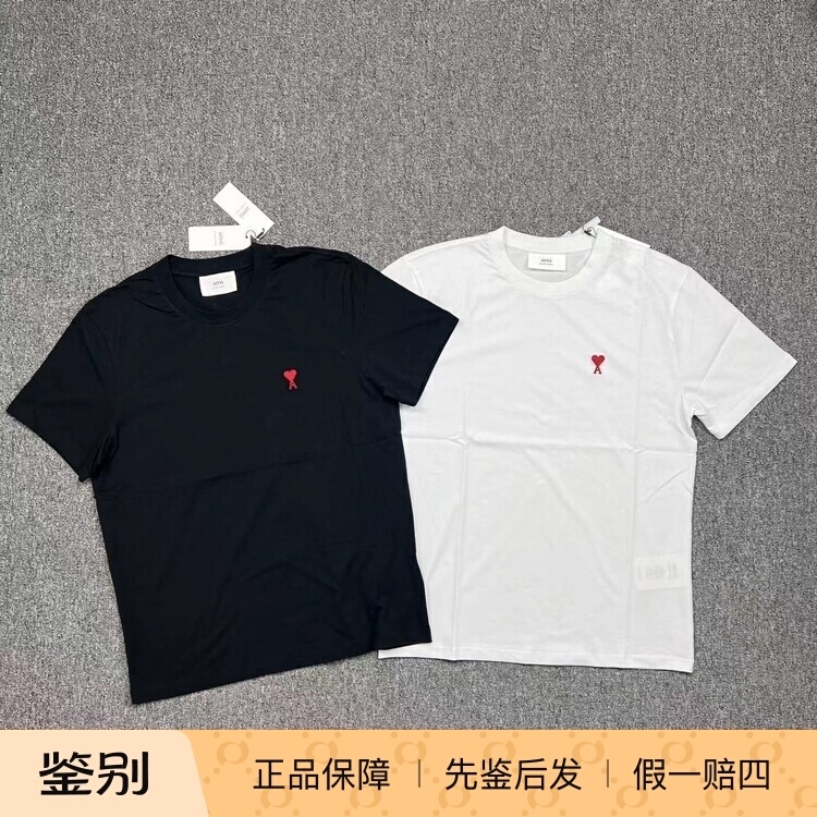 Ami Paris De Coeur Series Short-Sleeved Shirt with Red Embroidered Heart Logo on the Chest, Unisex Style
