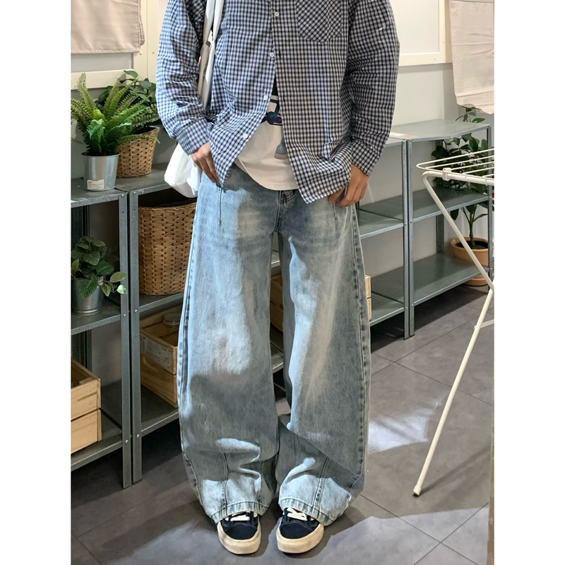 Yuy Shop Retro Washed Light-Colored Heavyweight Scimitar Jeans for Men and Women, Versatile Trendy Brand Loose Wide-Leg Pants