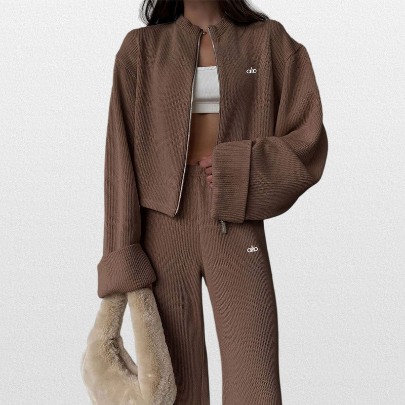 Alojou American Casual Sports Suit for Women, Knitted Zipper Cardigan Two-Piece Set, Lazy Style, Autumn and Winter Yoga Fitness