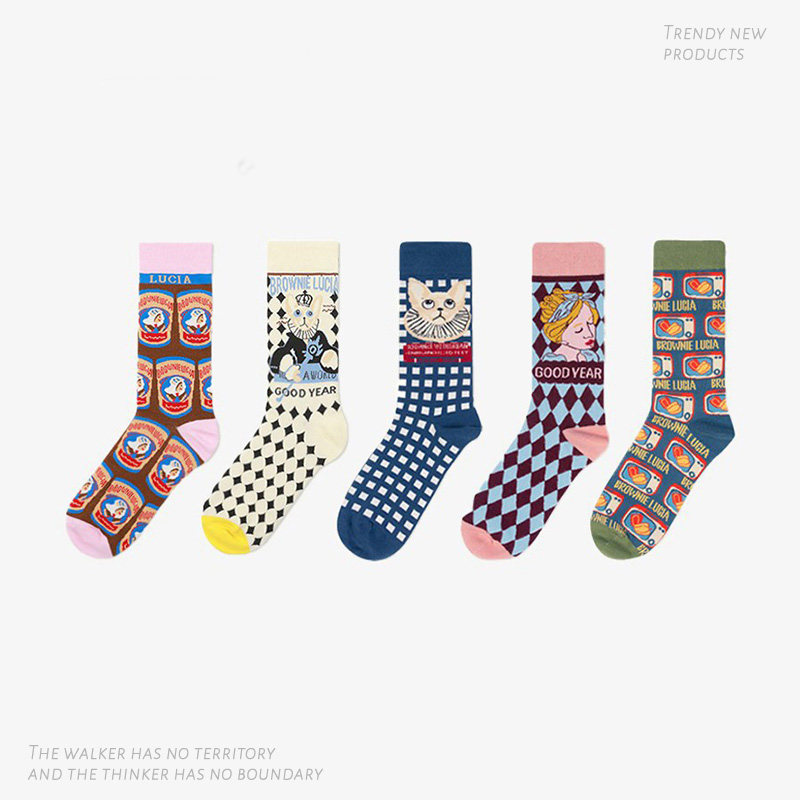 Street Skateboard Socks Summer Thin Graffiti American Retro Cartoon Illustrations Cute Kitty Nets Red Overfire Socks Mid