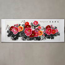 Hand-painted rich peony small six-foot rice paper Chinese painting has been framed scroll living room hanging painting