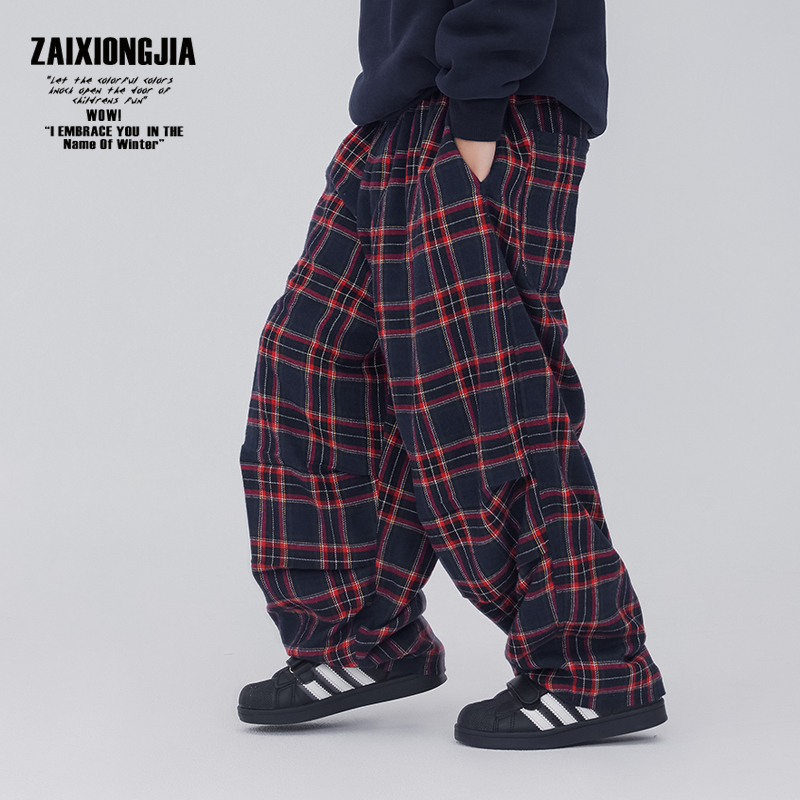 Z A I X I O N G J A INTEGRATED SUEDE FLANNEL THICKENED FOREIGN AIR RED PLAID NEW YEAR CHRISTMAS LONG PANTS ELASTIC WAIST CHILD MOUNT-TAOBAO