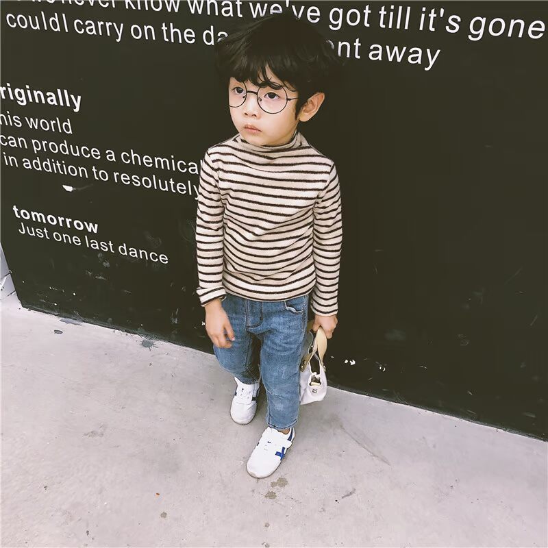 Đàn ông và phụ nữ trẻ em trẻ em tóc sọc đôi cổ cao dày áo thun cơ sở áo sơ mi mùa thu quần áo áo thun bé gái 1 tuổi