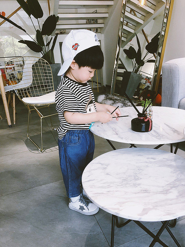 Summer new products boys and girls, children, children, striped cartoon printing, striped short-sleeved T-shirts, tops, bottoming shirts