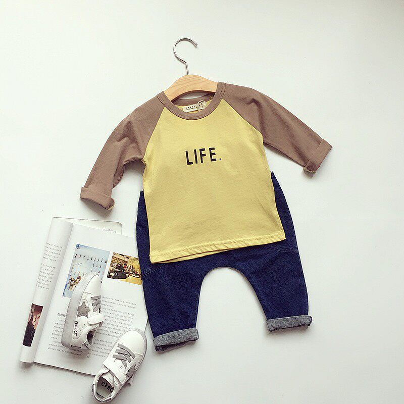 Boys and girls baby middle and small children children hit color raglan sleeves round neck long-sleeved T-shirt top basic bottoming shirt children's clothing