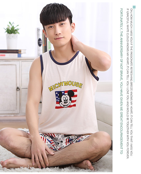 Thời trang mùa hè cotton vài bộ đồ ngủ kích thước lớn nam và nữ hoạt hình anime không tay phù hợp với áo bông dịch vụ nhà bộ lụa mặc nhà