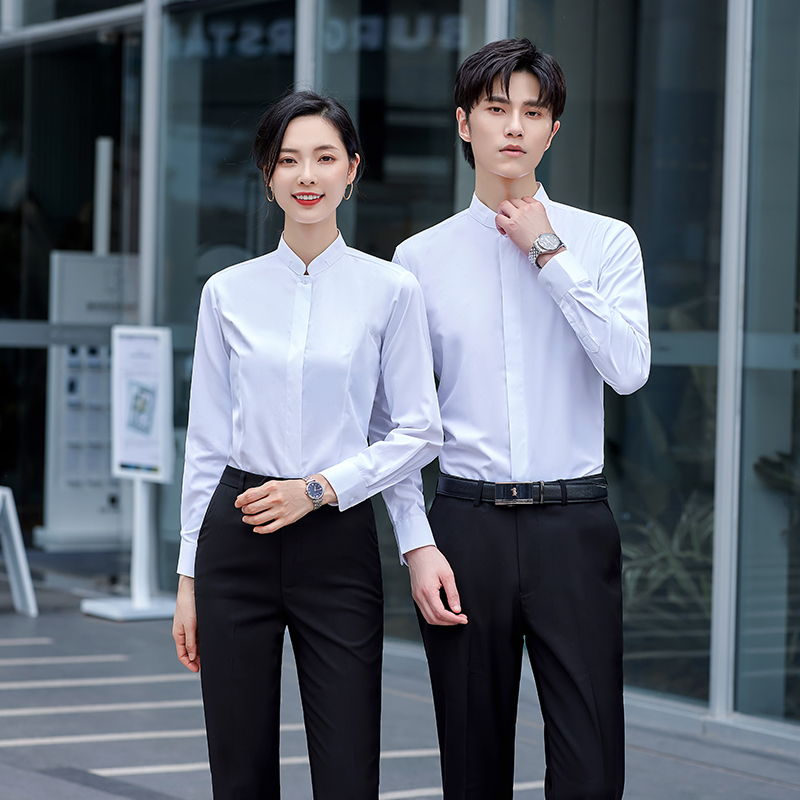 Chinese-Style Stand-Up Collar White Shirt for Men and Women, New Chinese Retro Business Shirt, Professional Temperament, Hotel-Specific Work Uniform Chinese-Style Stand-Up Collar White Shirt for Men and Women, New Chinese Retro Business Shirt, Professional Temperament, Hotel-Specific Work Uniform