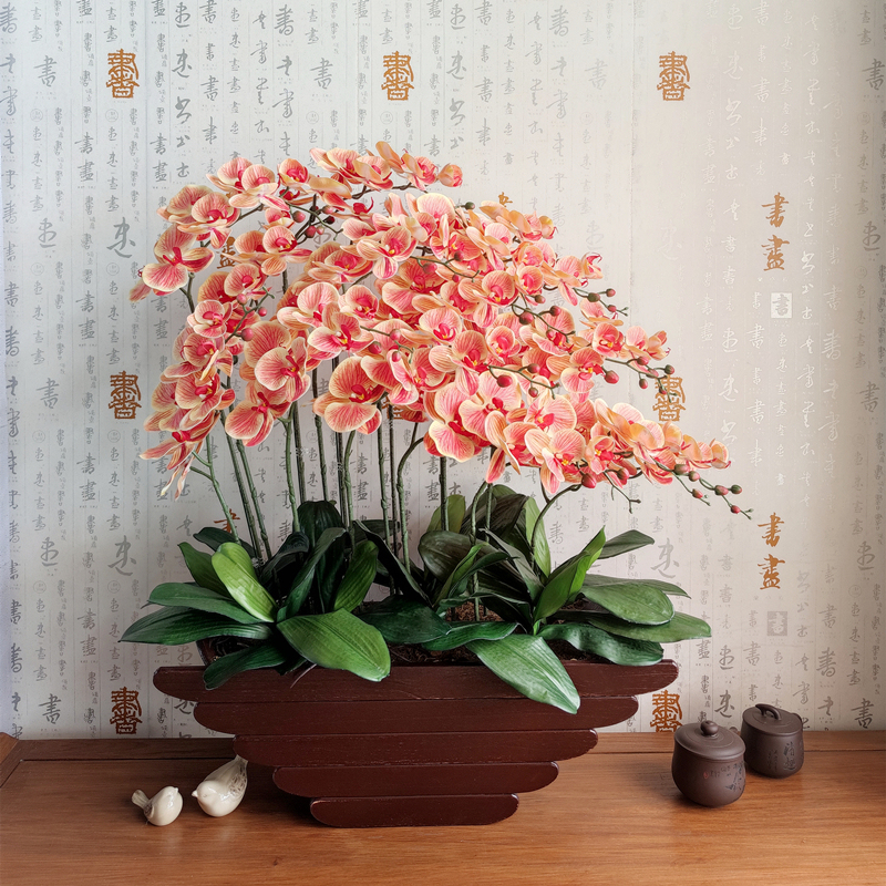 Artificial Phalaenopsis Orchid in Redwood Boat-Shaped Planter, High-End Decorative Flower for Living Room, Entryway, and Hotel Decor, Symbolizing Smooth Sailing