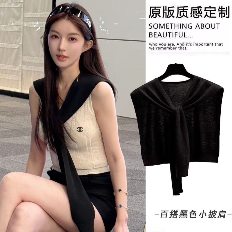 Korean Black Shawl Knitted Outer Wear for Women, High-End Ice Silk Thin Air-Conditioned Room Small Waistcoat with Short-Sleeved t Scarf Korean Black Shawl Knitted Outer Wear for Women, High-End Ice Silk Thin Air-Conditioned Room Small Waistcoat with Short-Sleeved t Scarf