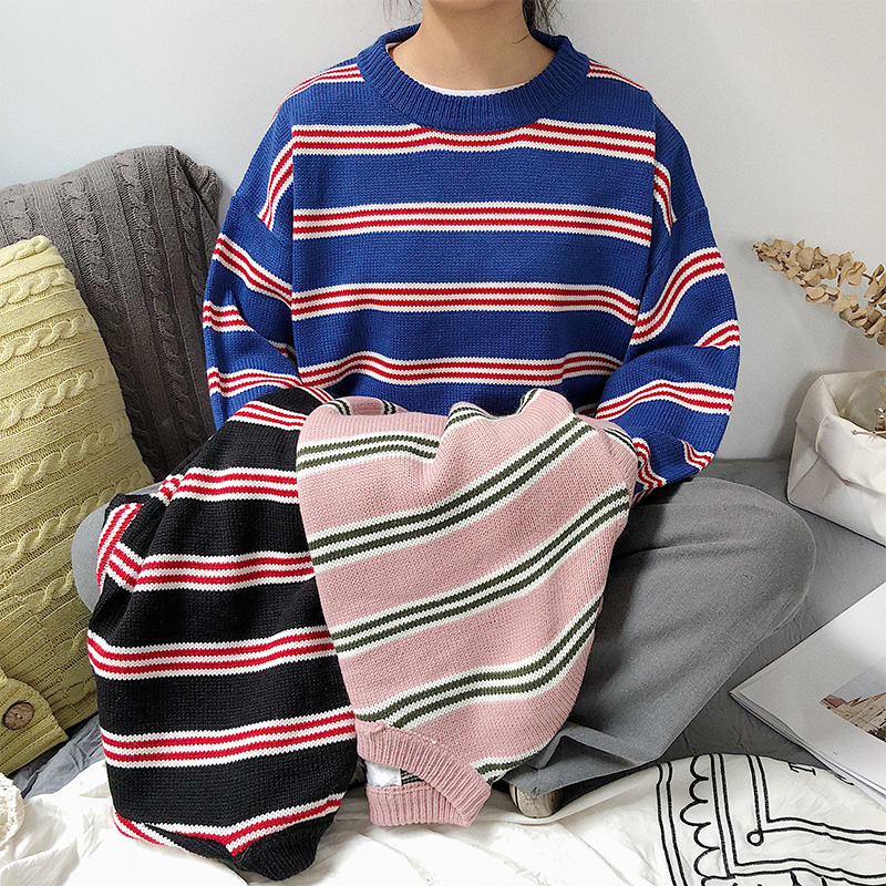Áo len lưới màu đỏ chic gió tương phản màu sọc áo len nam phiên bản Hàn Quốc của xu hướng mùa thu đông mùa đông áo hoodie đôi