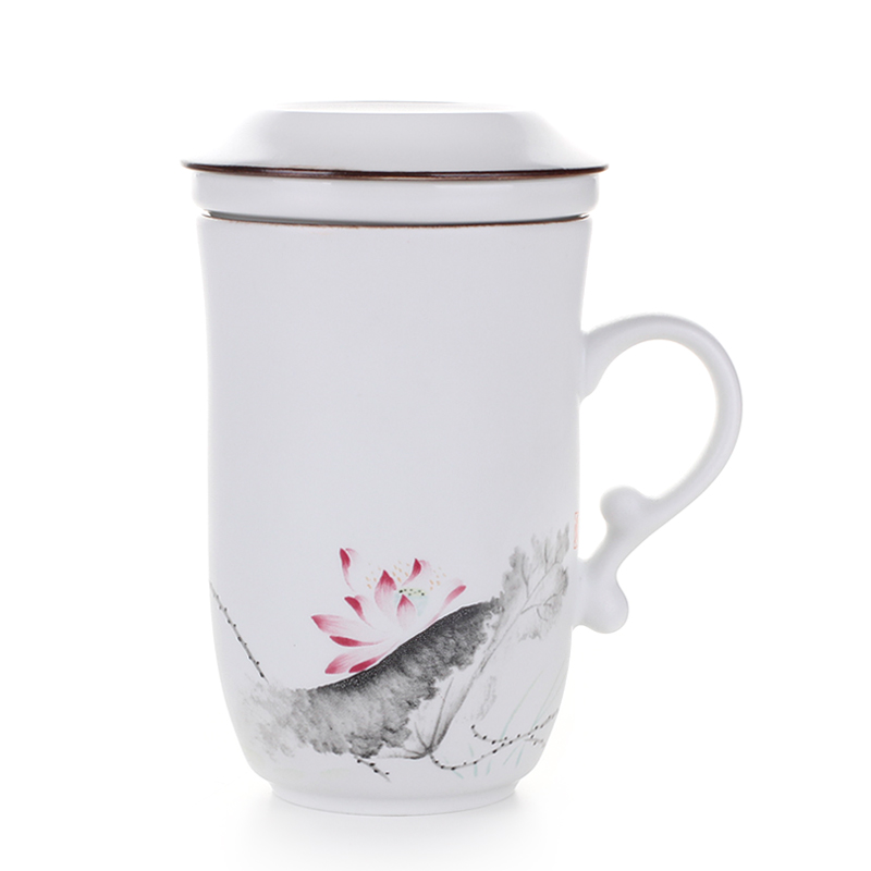 Original taste-style ceramic country painting tea cup with lid with filter screen water glass suit Creative lotus bamboo Chinese