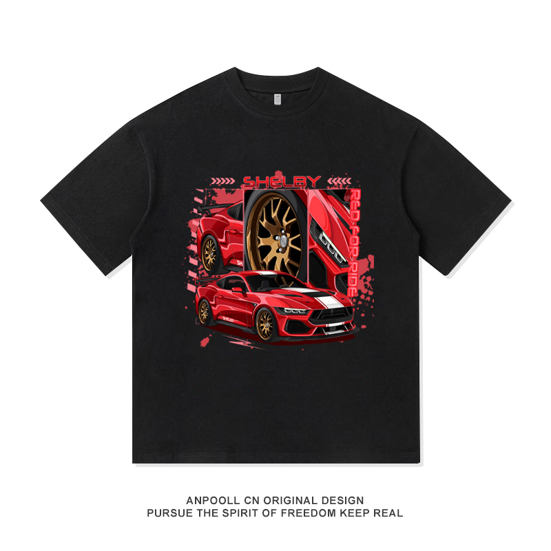 Ford Mustang Shelby Dark Horse V8 Modified Cultural Printing Summer Short-Sleeved T-Shirt Pure Cotton Men's Loose Clothes