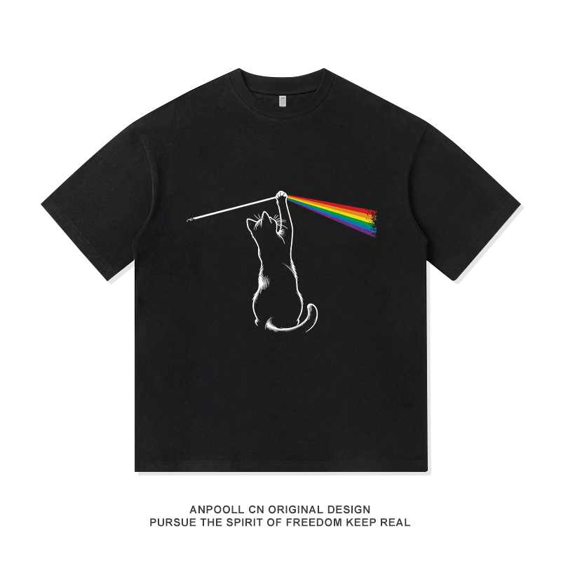 Pink Floyd Cat-Themed Rock Retro Print Short-Sleeve T-Shirt American Heavyweight Pure Cotton Summer Men's Clothing