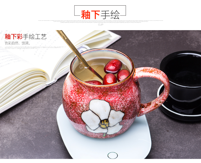 Creative Japanese 55 degrees warm temperature retro hand - made ceramic keller of tea cup with cover large capacity water glass