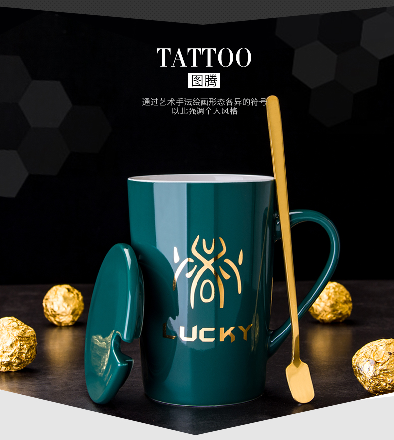 New Year gift mugs Nordic totem ceramic cup with cover move spoon creative trend male students glass mugs