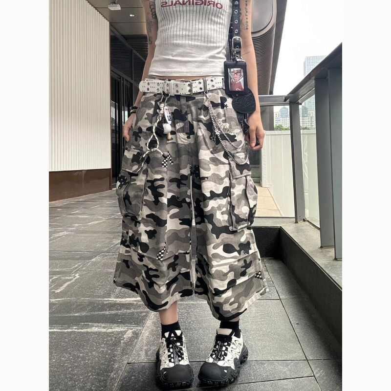 American Retro Snow Camouflage Workwear Cropped Knife-Cut Jeans for Men and Women, Summer Loose Casual Wide-Leg Mid-Length Pants Trendy
