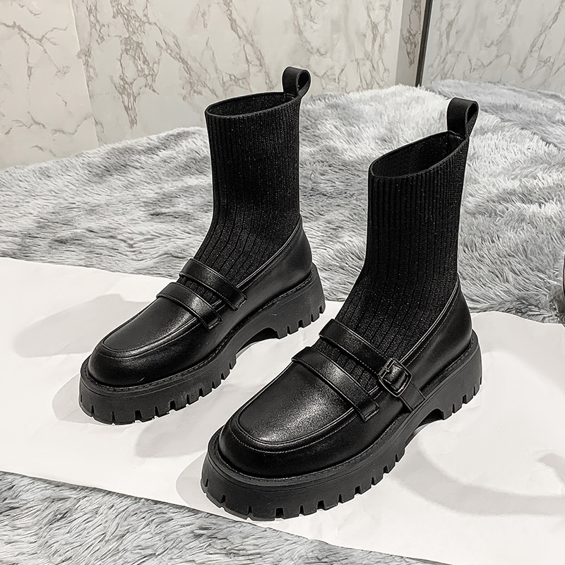 Inglées small leather shoes women 2022 new spring knit Lions Sox boots pine pasta bottom heightening lean thin short boots thinner