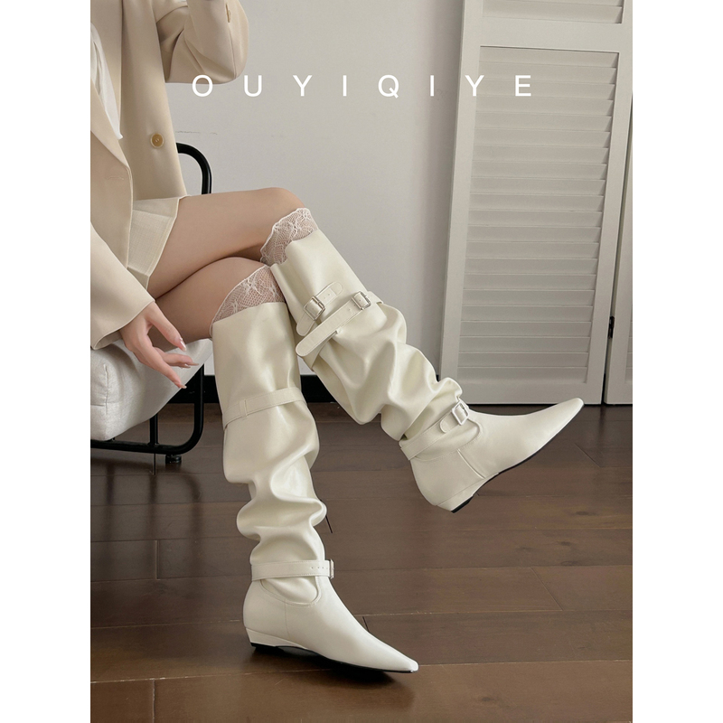 Cowhide Version ~ Flat-Soled Slouchy Boots, Long Boots for Women, Autumn and Winter, Elegant White Long Boots, Knee-High Pleated Riding Boots Cowhide Version ~ Flat-Soled Slouchy Boots, Long Boots for Women, Autumn and Winter, Elegant White Long Boots, Knee-High Pleated Riding Boots