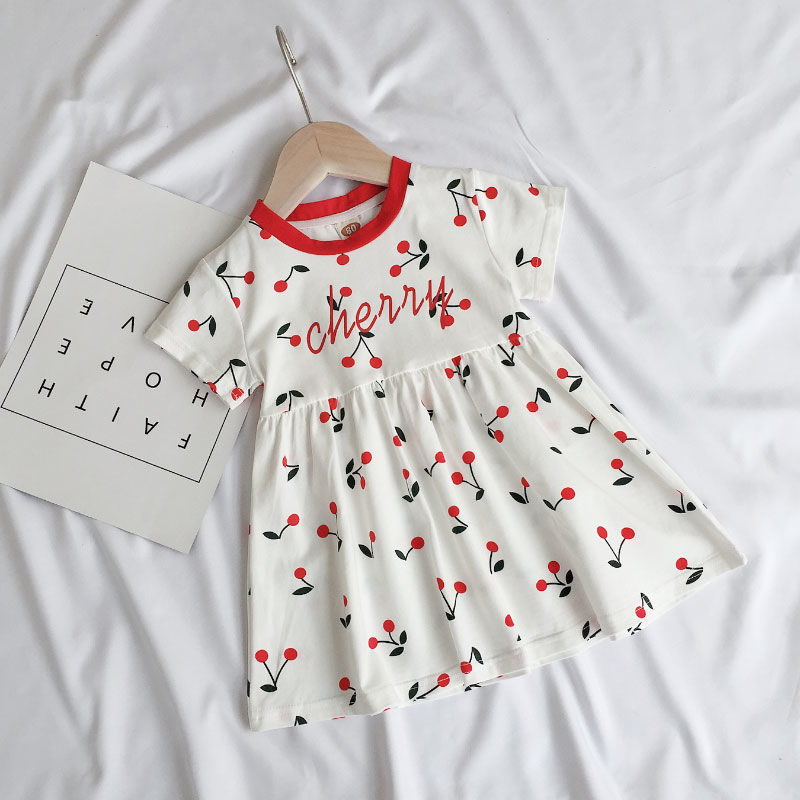 Ins girl skirt summer short-sleeved skirt women's thin section dress Korean version of foreign style children's baby cherry print