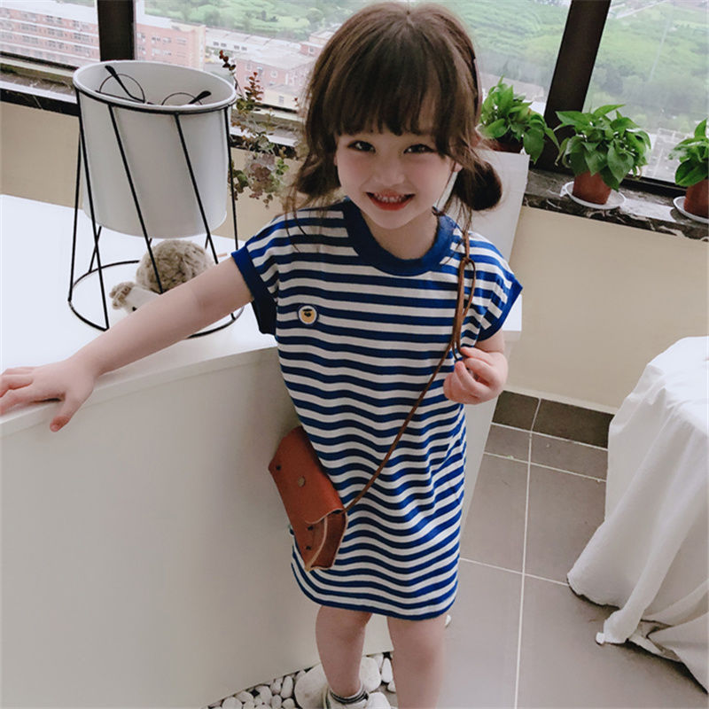 2021 Summer new children Leisure medium Long version for girls Navy Wind Blue Stripes sleeveless T-shirt dress