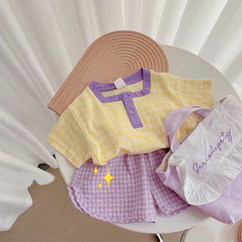 New 2021 Summer 1-3-6 new girl's day series pure cotton cover head short sleeve broken purple shorts two sets
