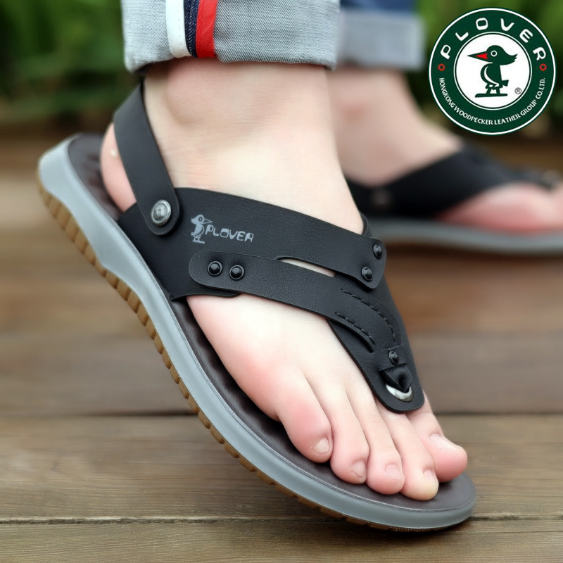 Plover Summer sandals Men's clips Toes Sandals Waterproof Genuine Leather Men Beach Shoes herringbone Dual-use Bull Fascia Bottom-Taobao