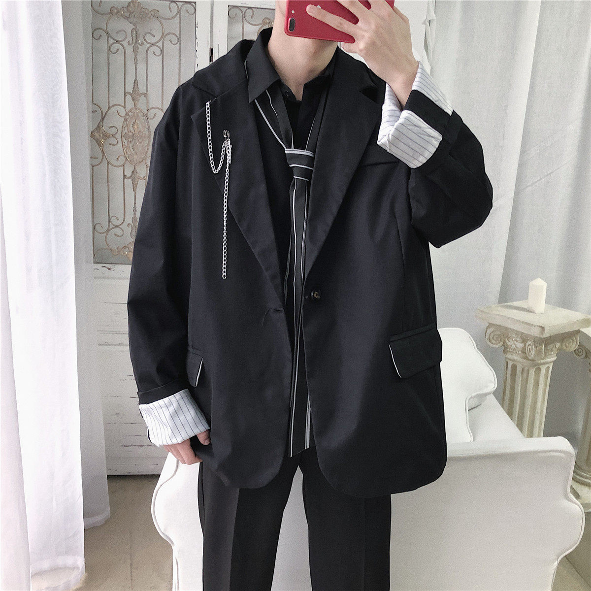 Melody Windmill autumn black casual suit male Korean version handsome loose trend wild suit top thin section