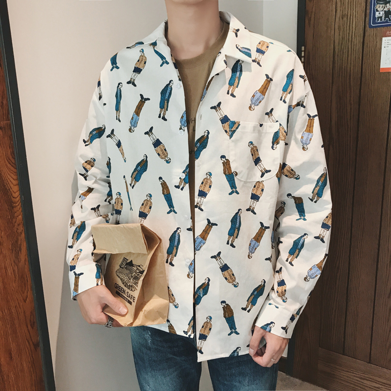 旋律风车秋季新款男士休闲印花衬衫翻领宽松长袖百搭开衫衬衣潮男