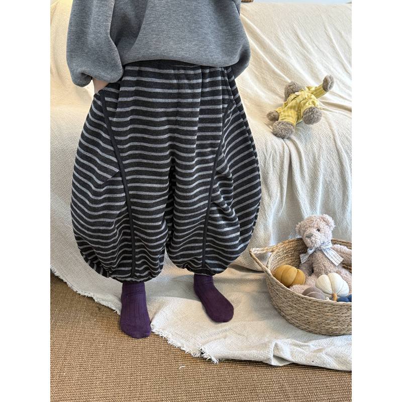 [Mile Mom] Korean-Style Unisex Striped Fleece-Lined Pants for Boys and Girls in Autumn and Winter Fk169