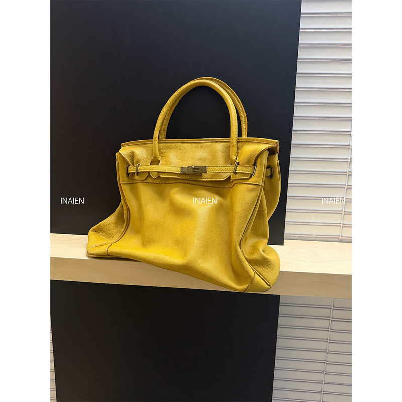 Inaien Laughs and Says, "San Francisco" Bengal Water-Dyed Cowhide Vintage Large-Capacity Genuine Leather Yellow Handbag Inaien Laughs and Says, "San Francisco" Bengal Water-Dyed Cowhide Vintage Large-Capacity Genuine Leather Yellow Handbag