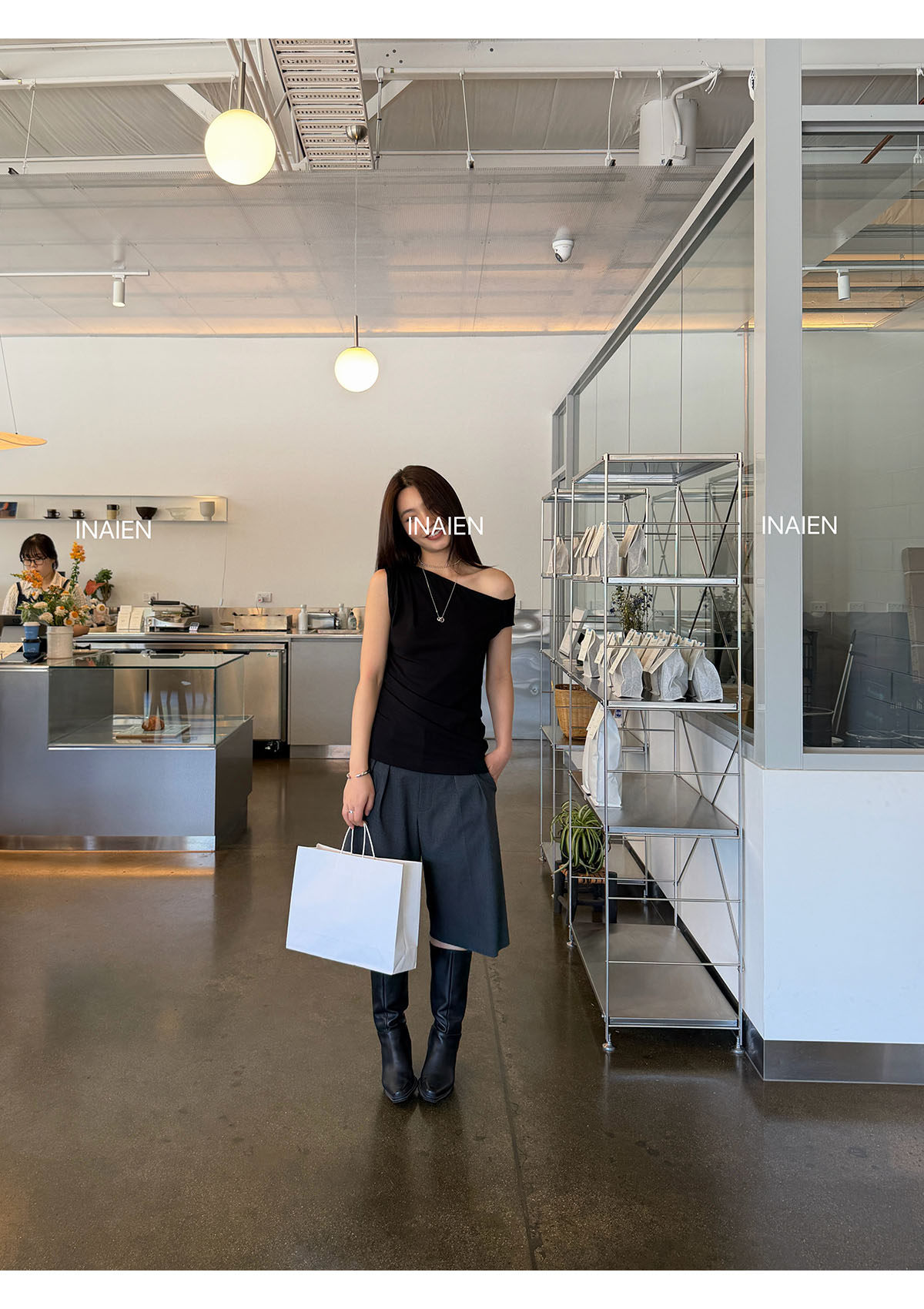 INAIEN весенне-летняя элегантная блузка с асимметричным воротником и приталенным силуэтом Y6208