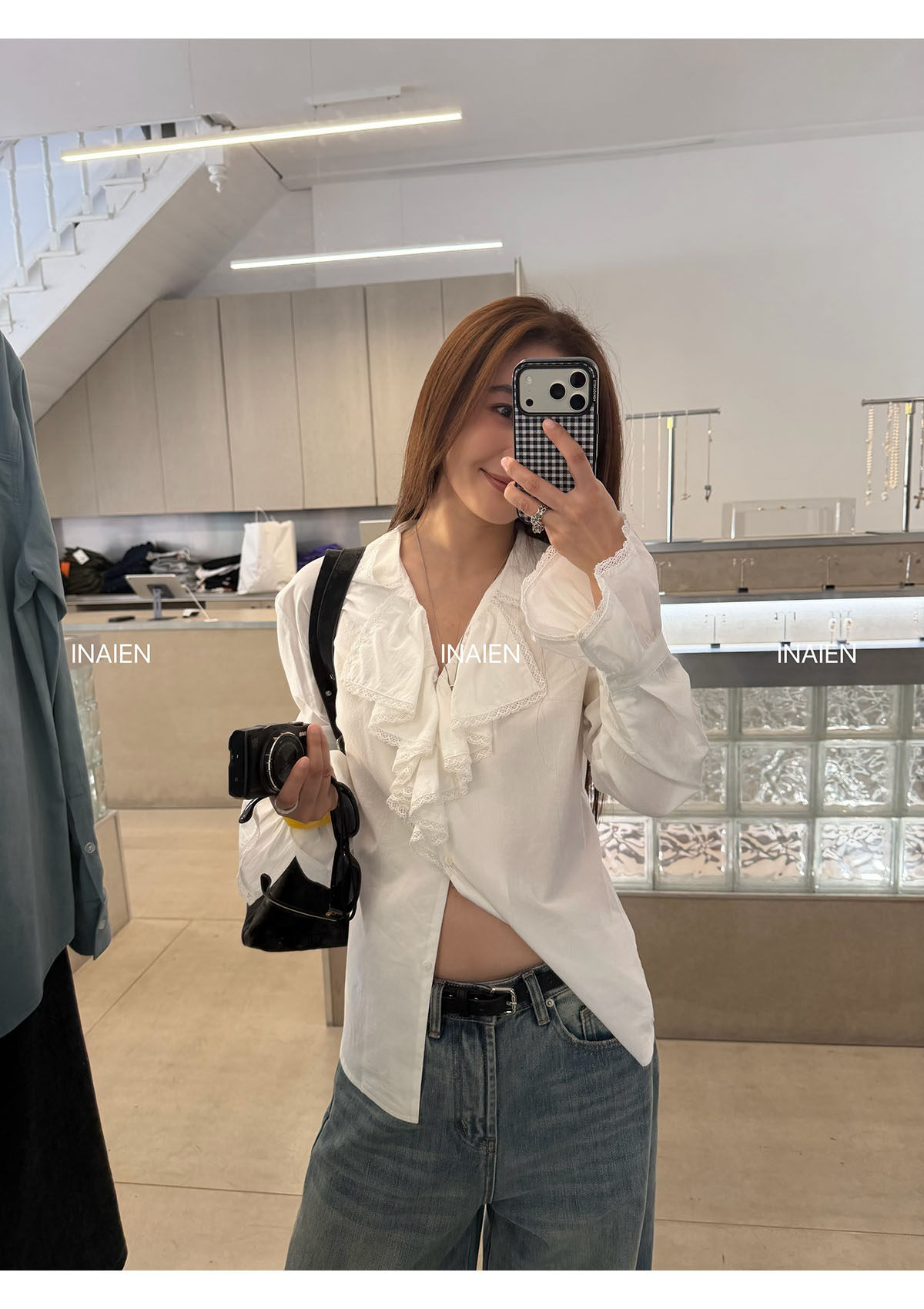 INAIEN笑笑家 джинсы дымчато-синие 2026 новая модель женские широкие брюки