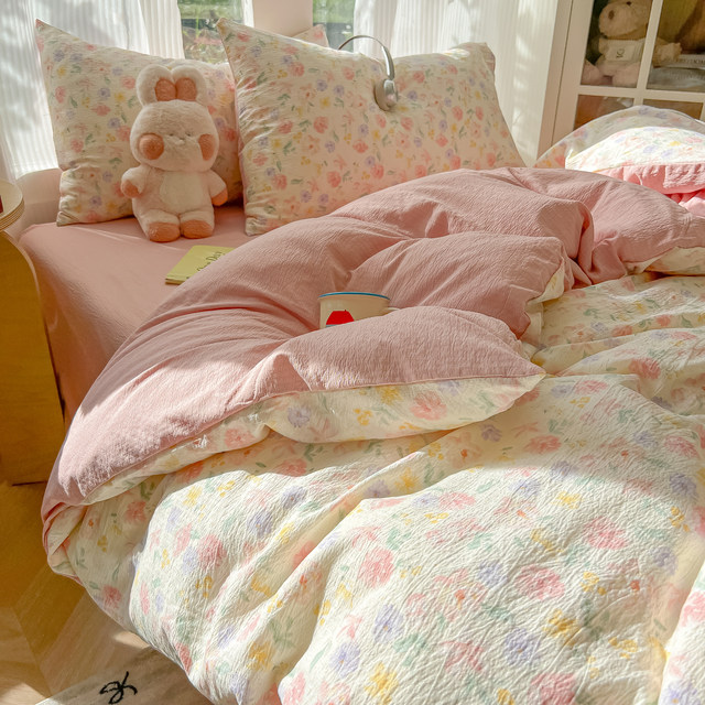 Ins super soft girl heart fresh floral wash cotton bed four-piece set student dormitory quilt cover bed sheet three-piece set 4