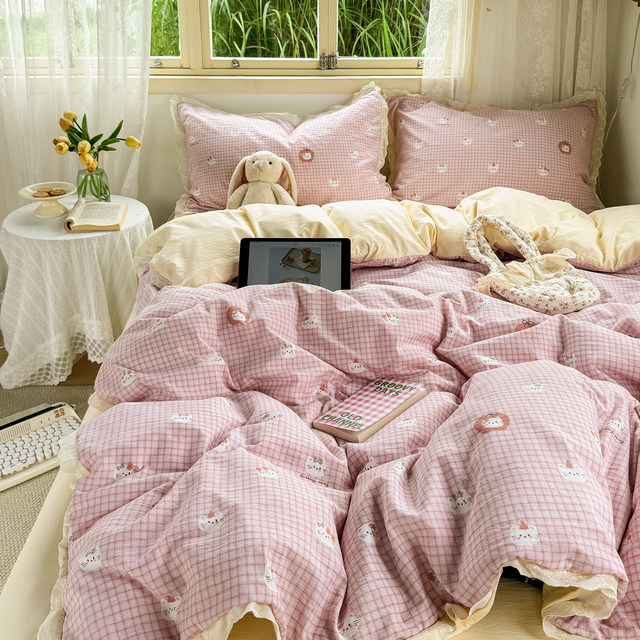 Ins girl cute lace KT cat washing cotton bed four-piece set non-pure cotton dormitory bed sheet three-piece set 4