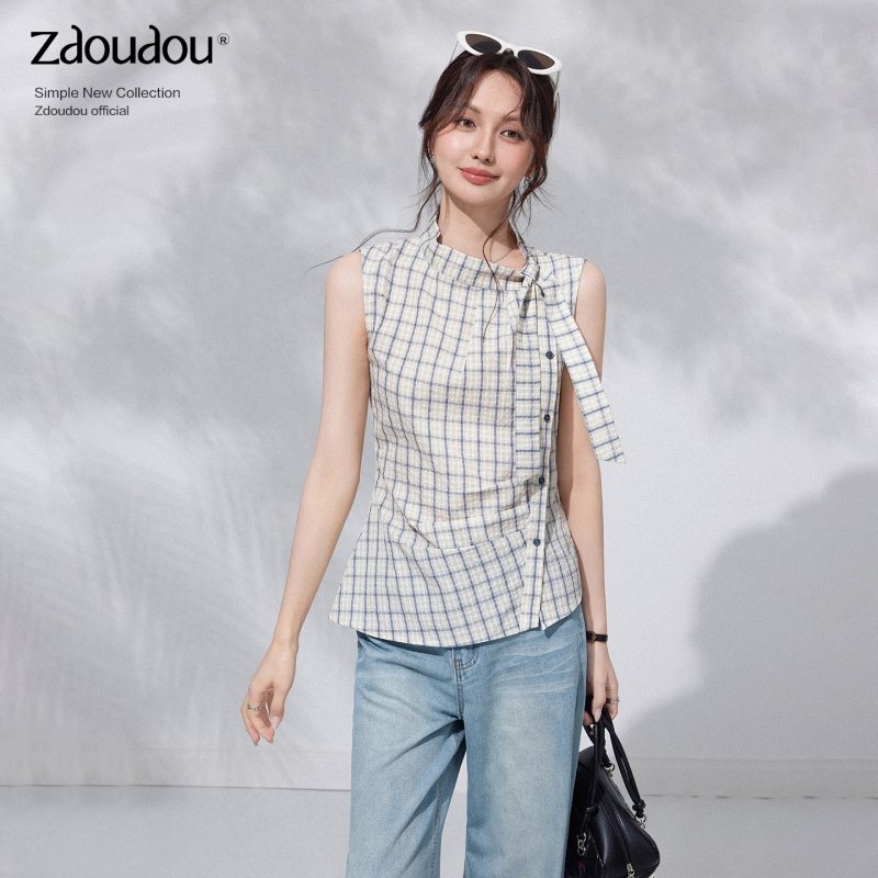 Zhang Doudou Irregular Plaid Shirt for Women, Summer Design, Unique Ribbon Stand Collar, Sleeveless, Slim Fit, Waist-Cinching Top