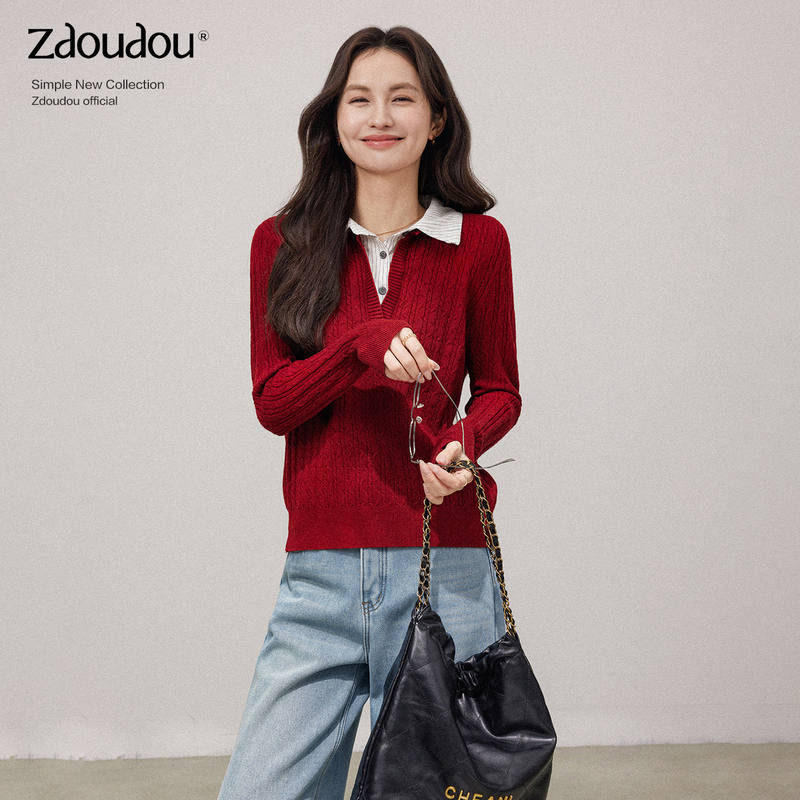 Zhang Doudou Red Polo Collar Cable Knit Sweater for Women, Autumn and Winter, Zodiac Year, New Year Outfit, Faux Two-Piece Top Zhang Doudou Red Polo Collar Cable Knit Sweater for Women, Autumn and Winter, Zodiac Year, New Year Outfit, Faux Two-Piece Top
