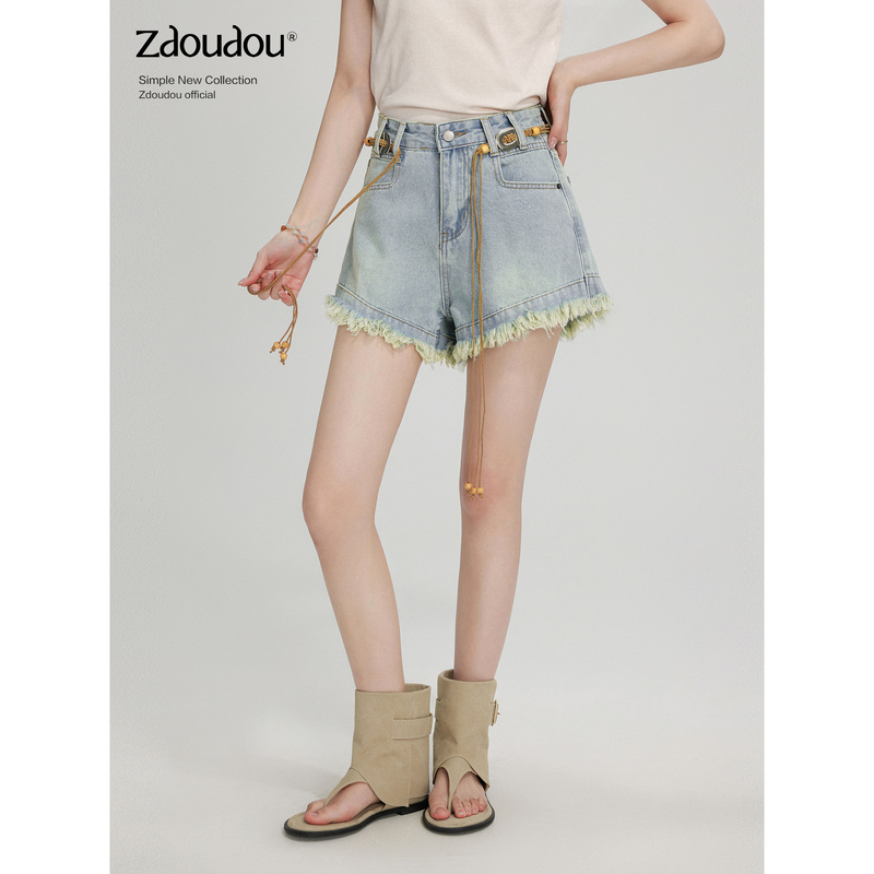 Zhang Doudou Fringed Wide-Leg Denim Shorts for Women, Summer Bohemian Style, Petite High-Waisted A-Line Hot Pants