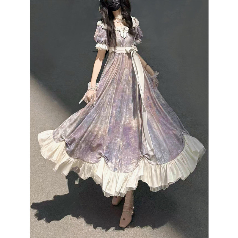 Purple Oil Painting Imperial Style Bow Long Dress Women's Antique Style Palace Lolita Dress Lolita Dress Imperial Style Dress