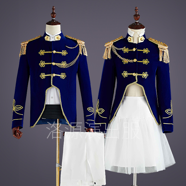 Blue Velvet Navy Style Stage Performance Costumes for Men and Women, Catwalk, Drum Band, Flag-Raising Military Dress