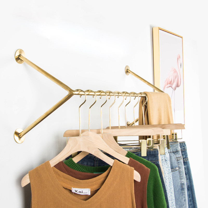 Clothing store display rack wall-mounted gold solid stainless steel simple positive hanging clothes rack women's clothing store shelves