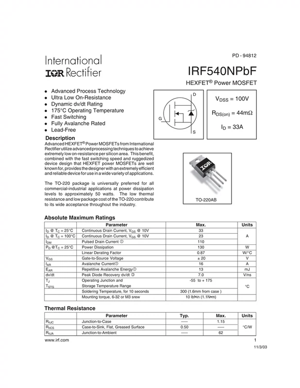 Thương hiệu mới chính hãng IRF540NPBF TO-220 N kênh 100V/33A plug-in MOSFET ống hiệu ứng trường