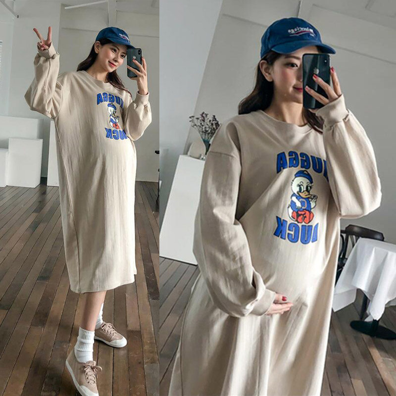 Extra size maternity autumn wear 200 pounds tops Korean version loose mid-length autumn dress cotton sweatshirt jacket