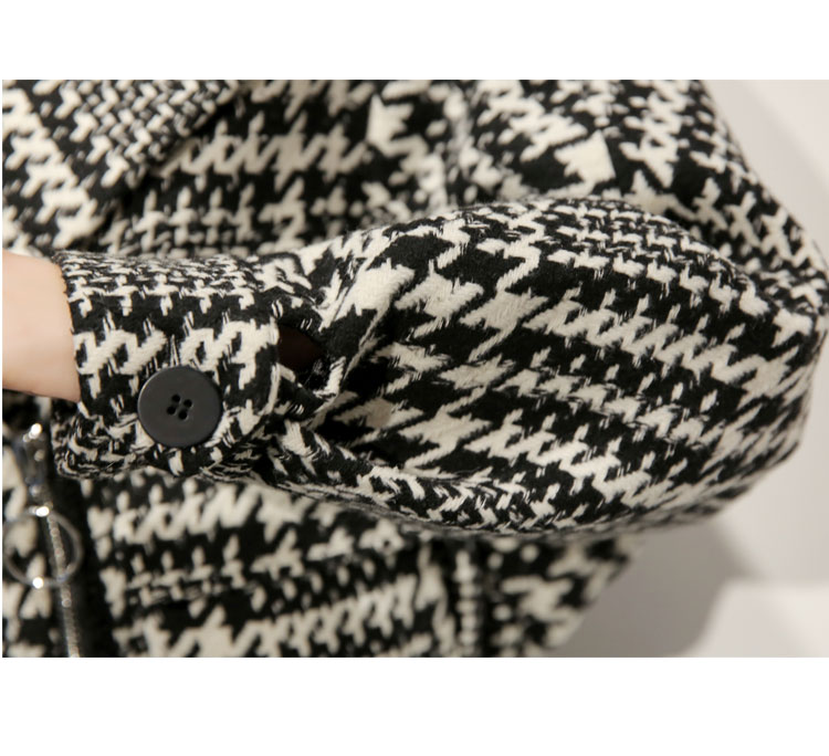 2018 thu đông mới houndstooth len len lông nhỏ nước hoa ngắn tay áo kẻ sọc kẻ sọc len nữ áo khoác kaki nữ