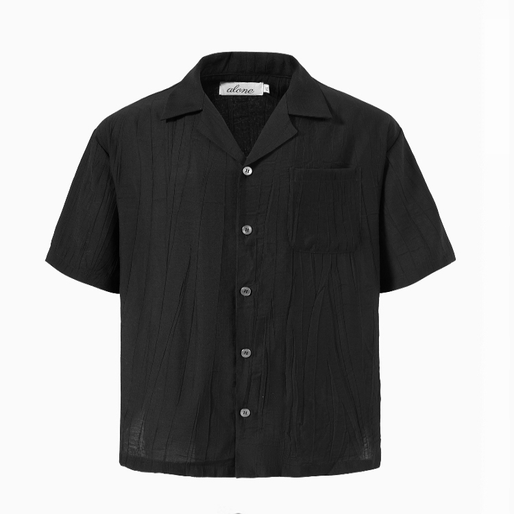 「Alone」 "Black Feather" Three-Dimensional Pressed Feather Artificial Tencel Yarn Feel Basic Short-Sleeve Cuban Collar Shirt