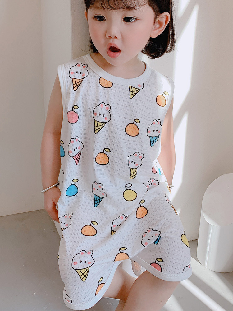 CHILDRENS ONE-PIECE PAJAMAS SUMMER THIN BOYS AIR-CONDITIONING CLOTHES BABY SLEEVELESS NIGHTGOWN JUMPSUIT GIRLS KICK-PROOF SLEEPING BAG