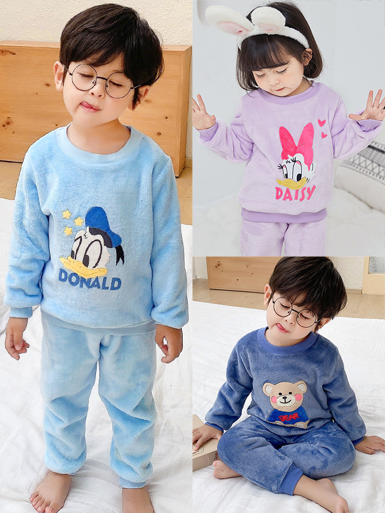 CHILDRENS PAJAMAS AUTUMN WINTER FLANNEL 2 YEAR OLD 3 GIRLS LITTLE KIDS THICKENED BOYS CORAL FLEECE LOUNGEWEAR SET