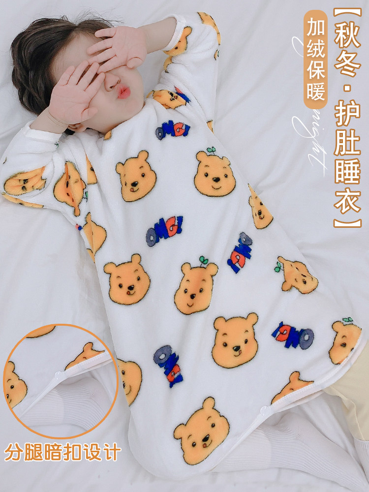 CHILDRENS ONE-PIECE PAJAMAS BOYS AUTUMN AND WINTER FLANNEL BABY GIRL SLEEPING BAG CORAL VELVET THICKENED BABY BELLY GUARD ANTI-KICK QUILT