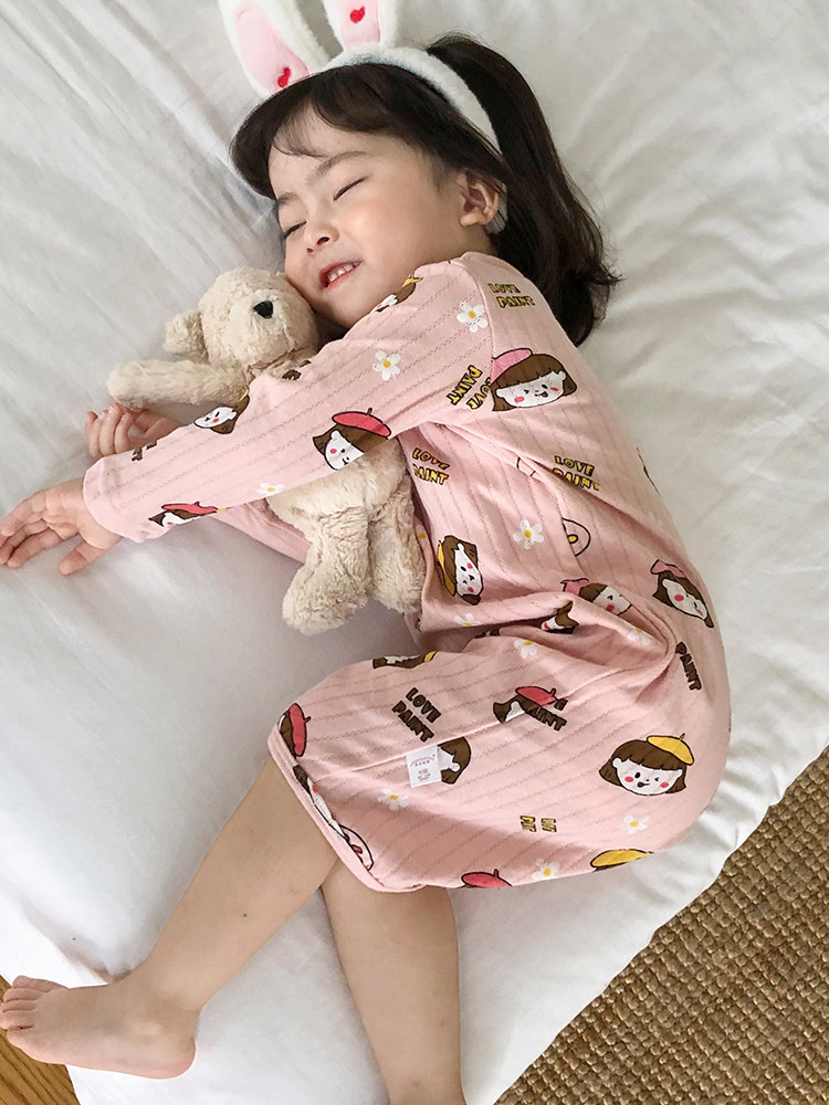 GIRLS PAJAMAS SPRING AND AUTUMN COTTON 1 CARTOON 2-5 YEARS OLD BABY ONE-PIECE PAJAMAS BOYS THIN CHILDRENS KICK-PROOF HOME CLOTHES